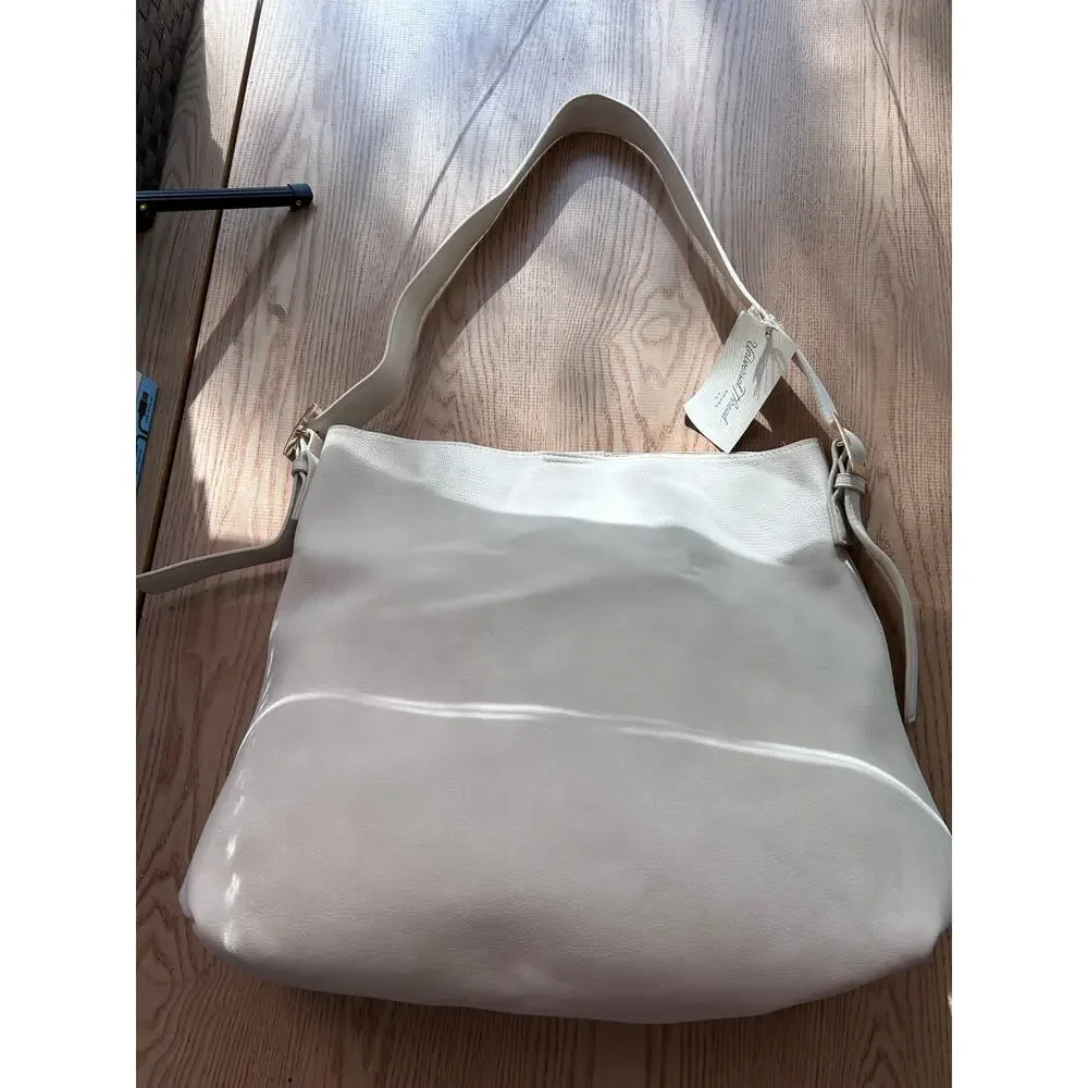 New Womens Universal Thread Faux Leather Look Handbag Purse Cream 15”x16” w/flaw